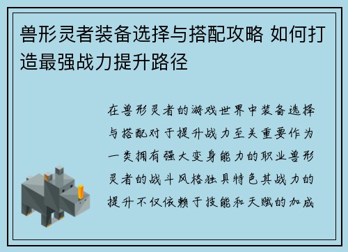 兽形灵者装备选择与搭配攻略 如何打造最强战力提升路径